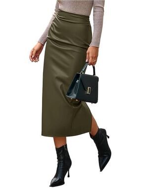 BTFBM Faux Leather Pull-On Elastic Waist Olive Green Midi Pencil Skirt